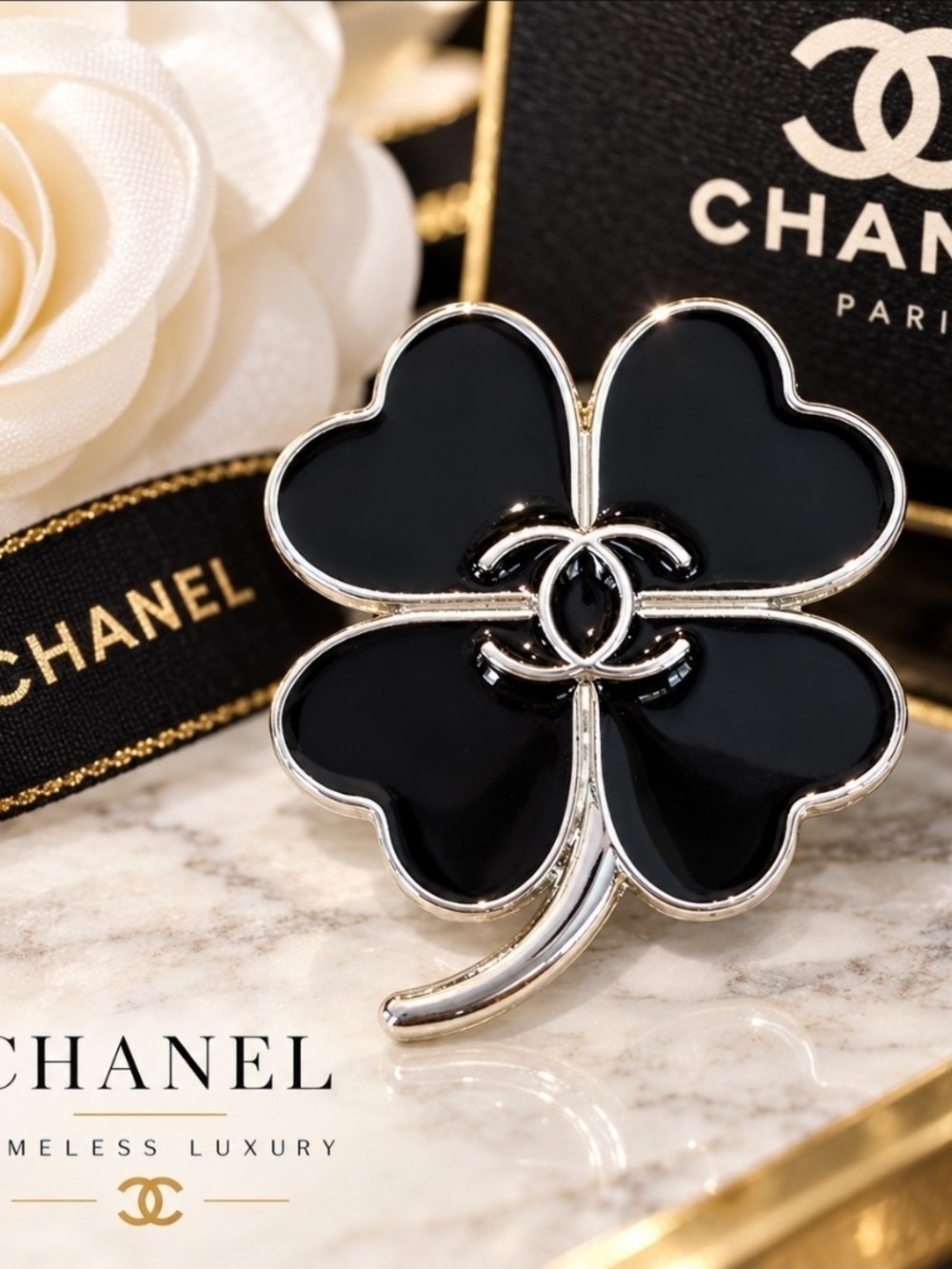 ๐ค Chanel Black Enamel Clover CC Brooch โจ